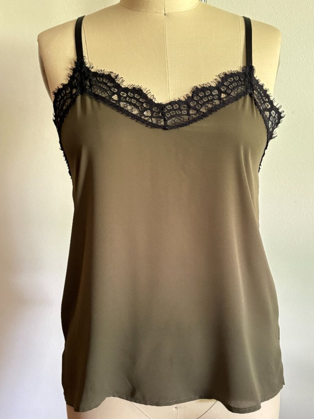 No Comment NY-LA Olive Green Cami Top with Black Lace Trim